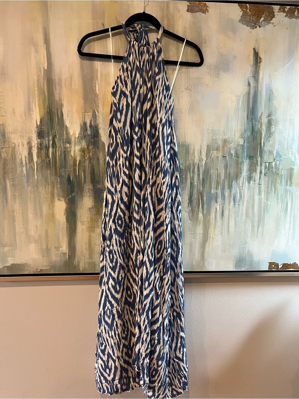 Elan Blue & Cream Abstract Print Halter Maxi Dress – One Size – NWT